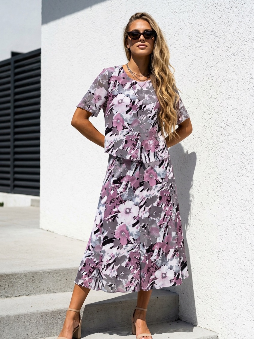 Edward Women’s Floral Two-Piece Skirt Set Size 46 XL Pink Grey Floral
